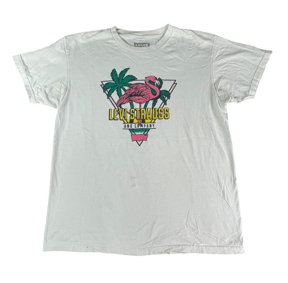 Levis Shirt Mens Large White Flamingo Palm Tree Strauss Company Tee Crew Casual
